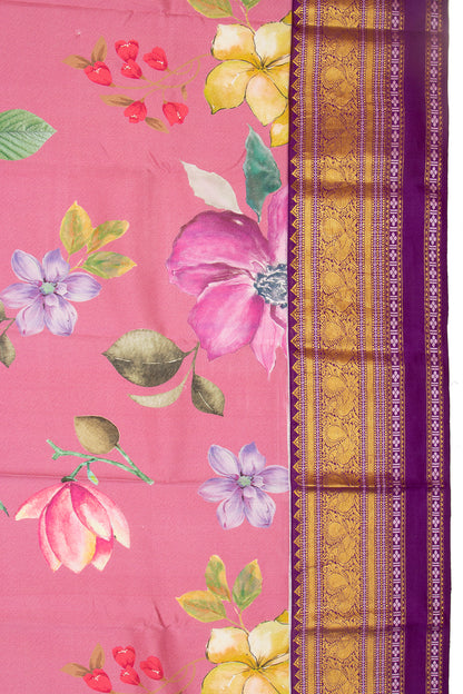 Kanchipuram Silk Floral Printed Pink Saree