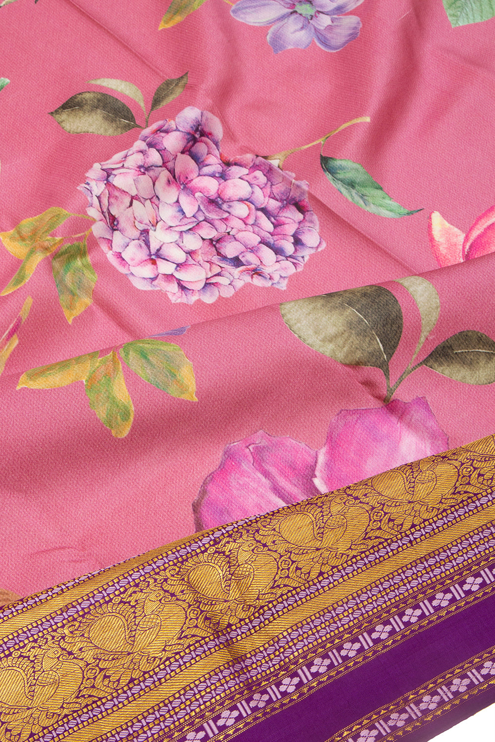 Kanchipuram Silk Floral Printed Pink Saree