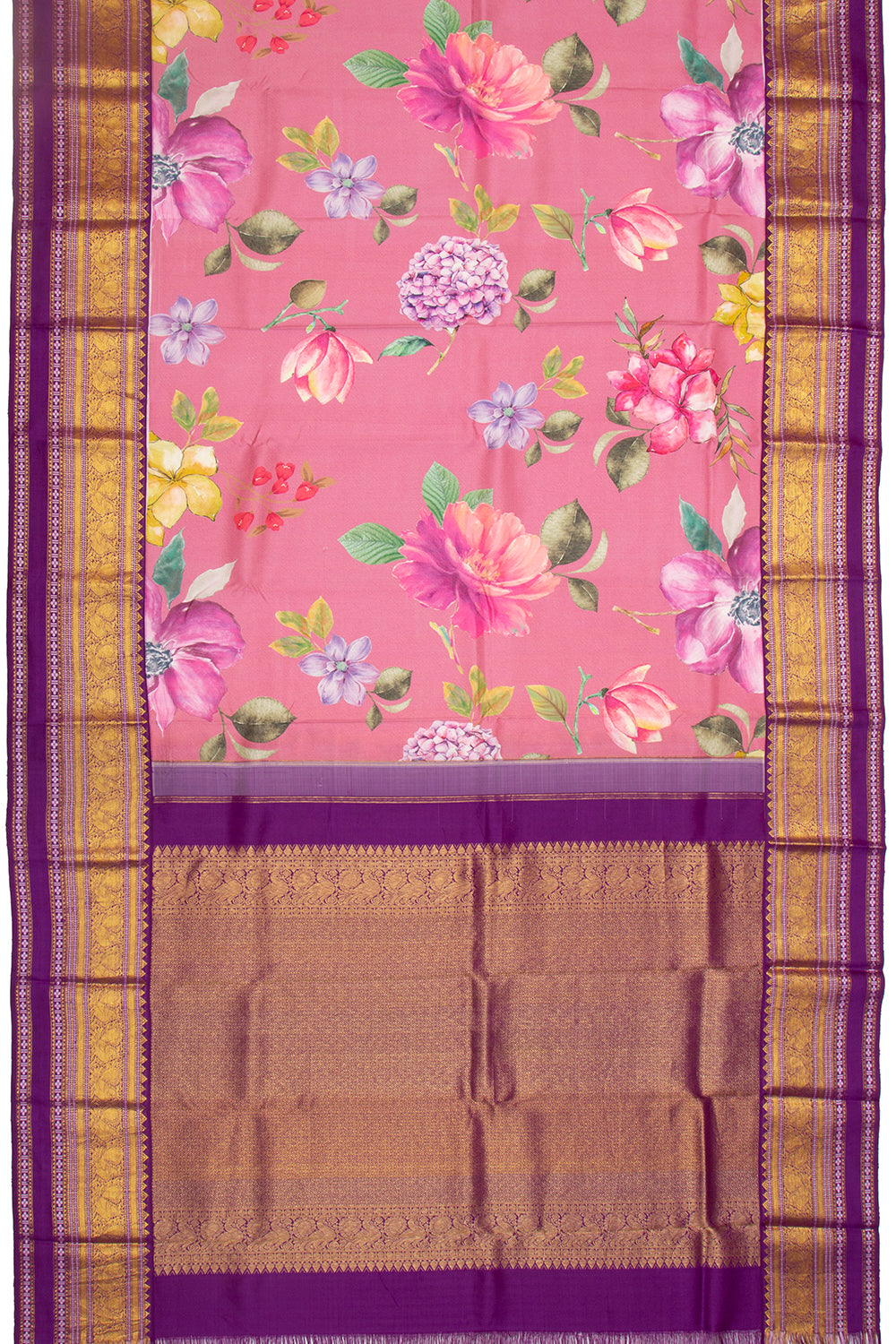 Kanchipuram Silk Floral Printed Pink Saree