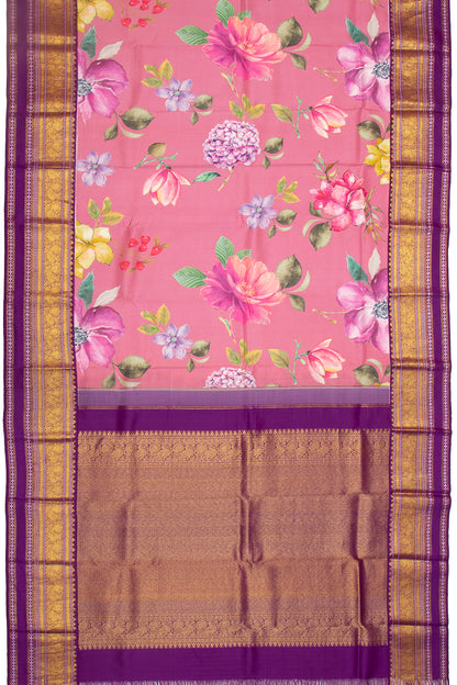 Kanchipuram Silk Floral Printed Pink Saree
