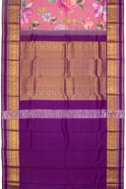 Kanchipuram Silk Floral Printed Pink Saree