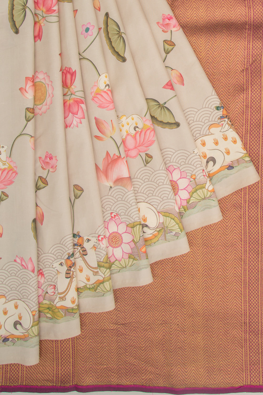 Kanchipuram Silk Pichwai Printed Cream Saree