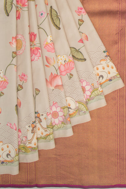 Kanchipuram Silk Pichwai Printed Cream Saree