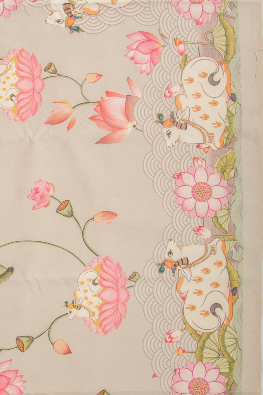 Kanchipuram Silk Pichwai Printed Cream Saree