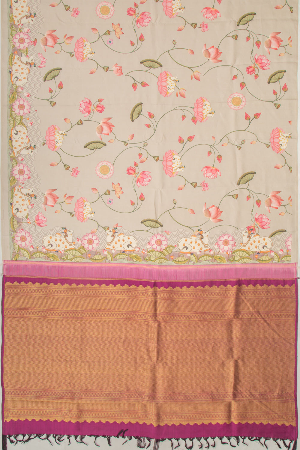 Kanchipuram Silk Pichwai Printed Cream Saree