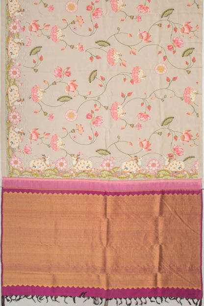Kanchipuram Silk Pichwai Printed Cream Saree