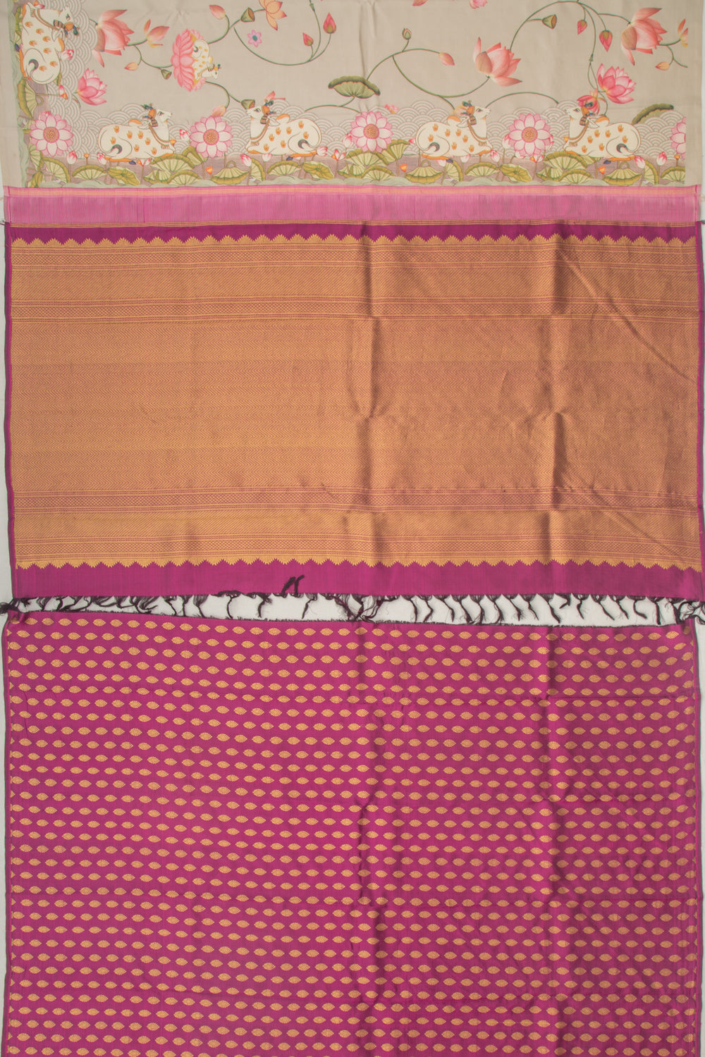 Kanchipuram Silk Pichwai Printed Cream Saree