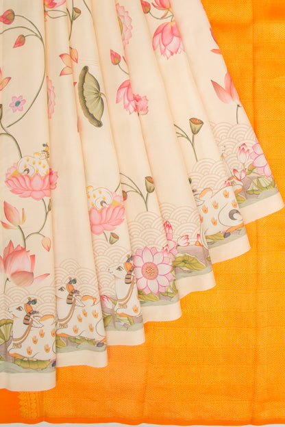 Kanchipuram Silk Pichwai Printed Cream Saree