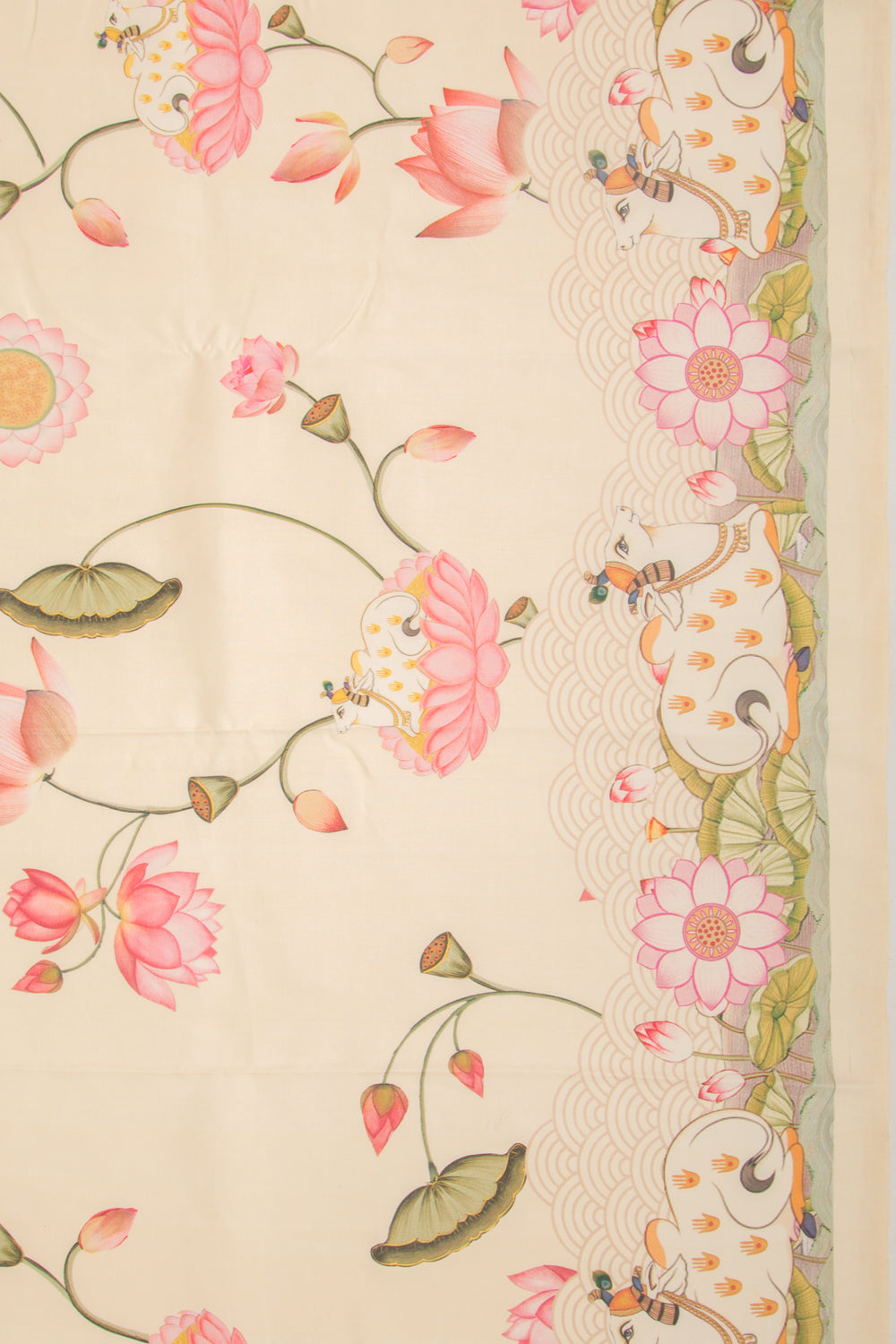 Kanchipuram Silk Pichwai Printed Cream Saree