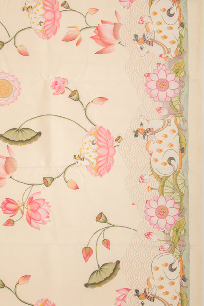 Kanchipuram Silk Pichwai Printed Cream Saree