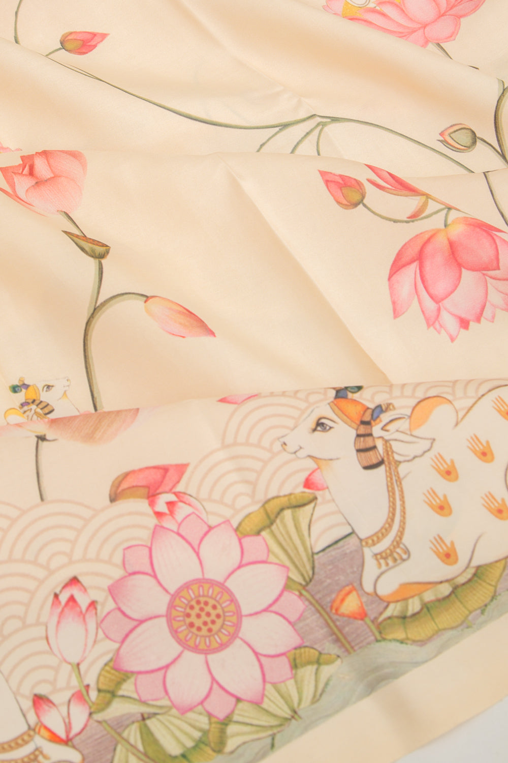Kanchipuram Silk Pichwai Printed Cream Saree