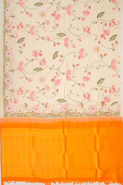 Kanchipuram Silk Pichwai Printed Cream Saree