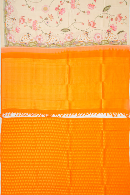 Kanchipuram Silk Pichwai Printed Cream Saree