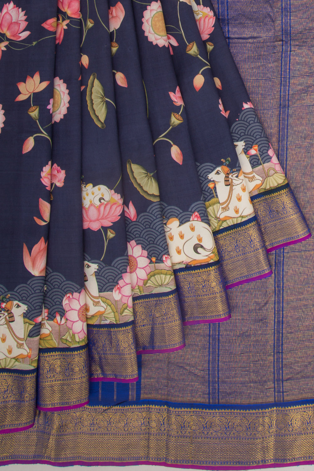 Kanchipuram Silk Pichwai Printed Dark Blue Saree