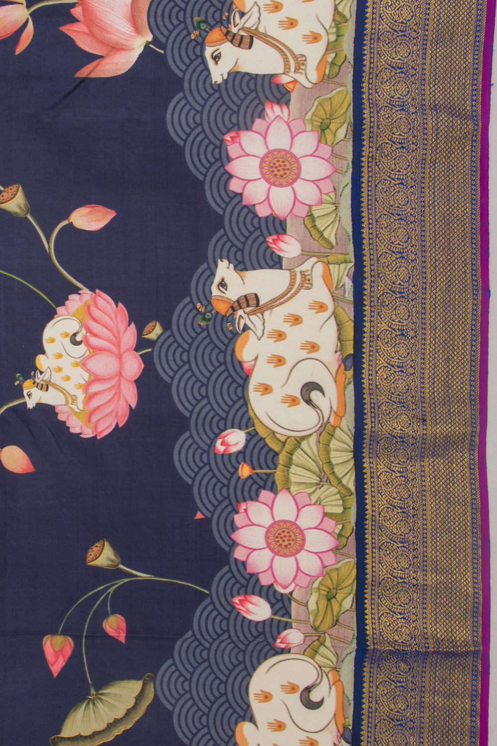 Kanchipuram Silk Pichwai Printed Dark Blue Saree