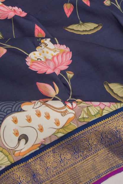 Kanchipuram Silk Pichwai Printed Dark Blue Saree