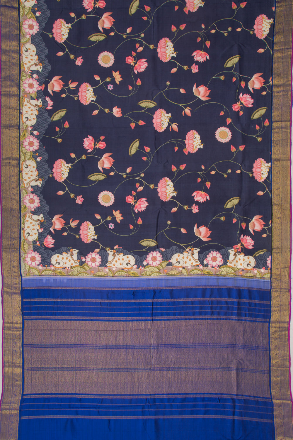 Kanchipuram Silk Pichwai Printed Dark Blue Saree