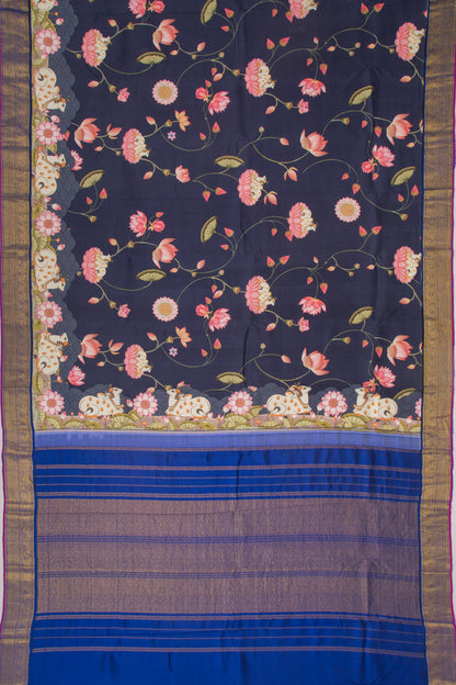 Kanchipuram Silk Pichwai Printed Dark Blue Saree