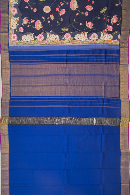 Kanchipuram Silk Pichwai Printed Dark Blue Saree