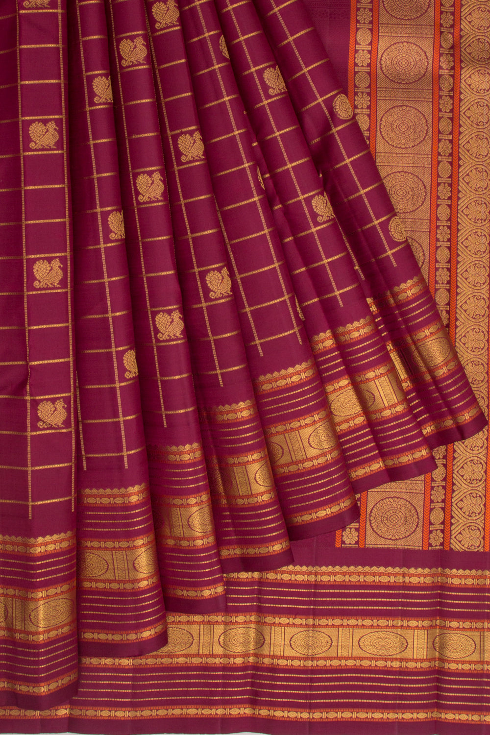 Kanchipuram Silk Checks And Butta Purple Saree