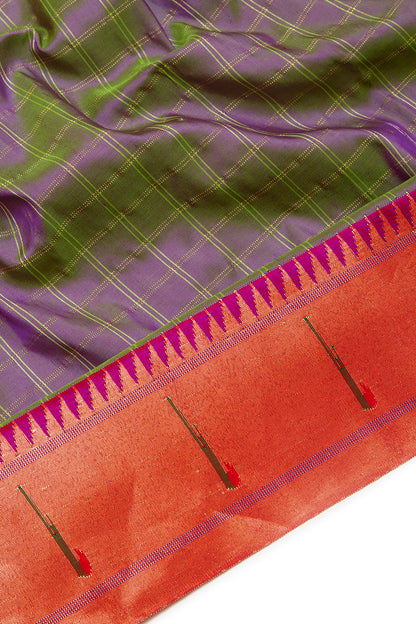 Paithani Silk Checks Dual Tone Purple And Green Saree