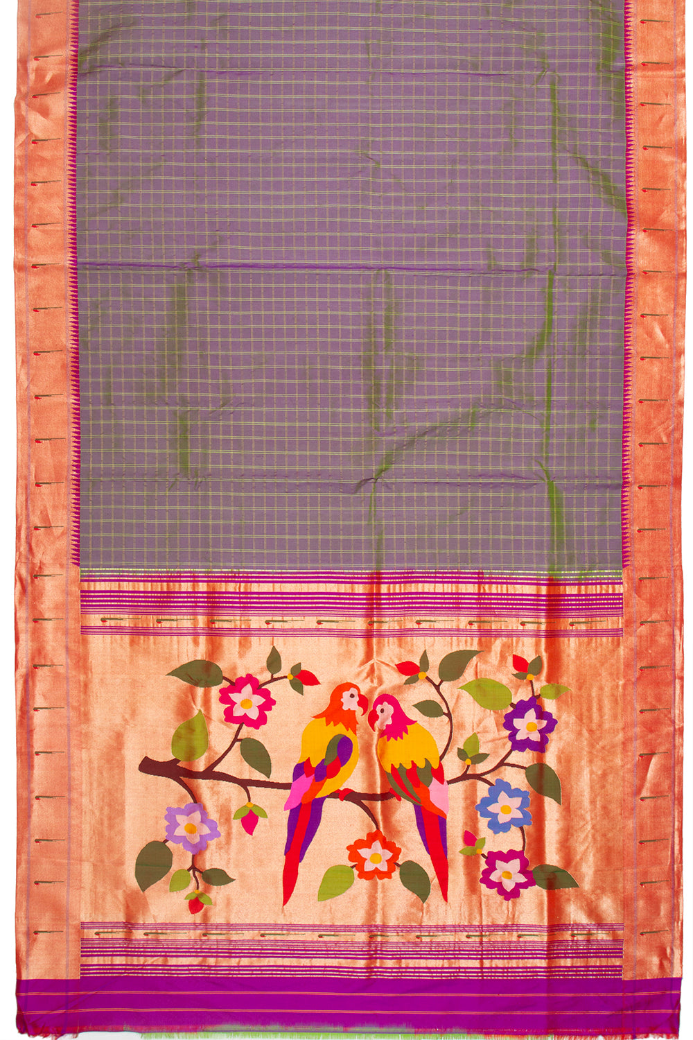 Paithani Silk Checks Dual Tone Purple And Green Saree