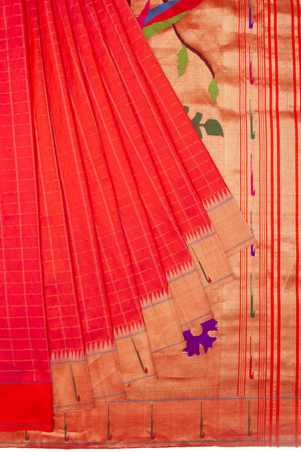 Paithani Silk Checks Red Saree