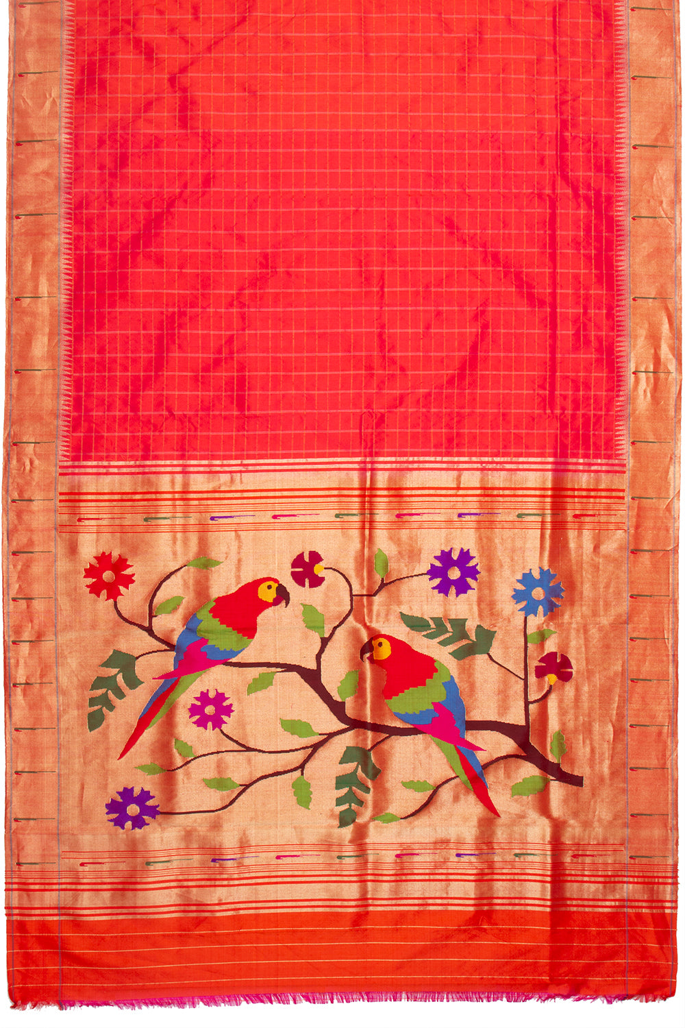 Paithani Silk Checks Red Saree