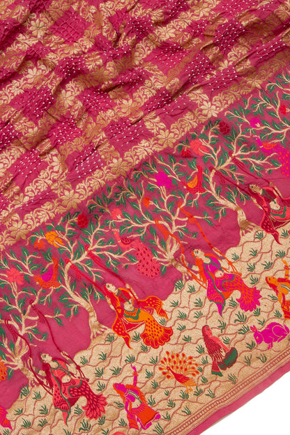 Banarasi Silk Bandhani Checks Pink Saree