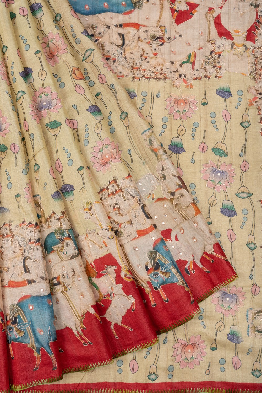Tussar Silk Pichwai Printed Cream Saree