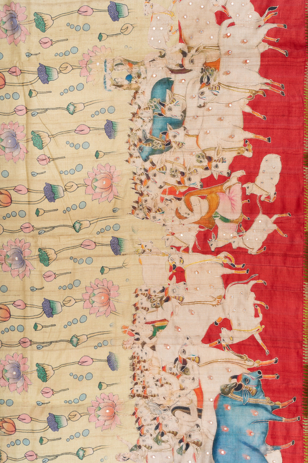Tussar Silk Pichwai Printed Cream Saree