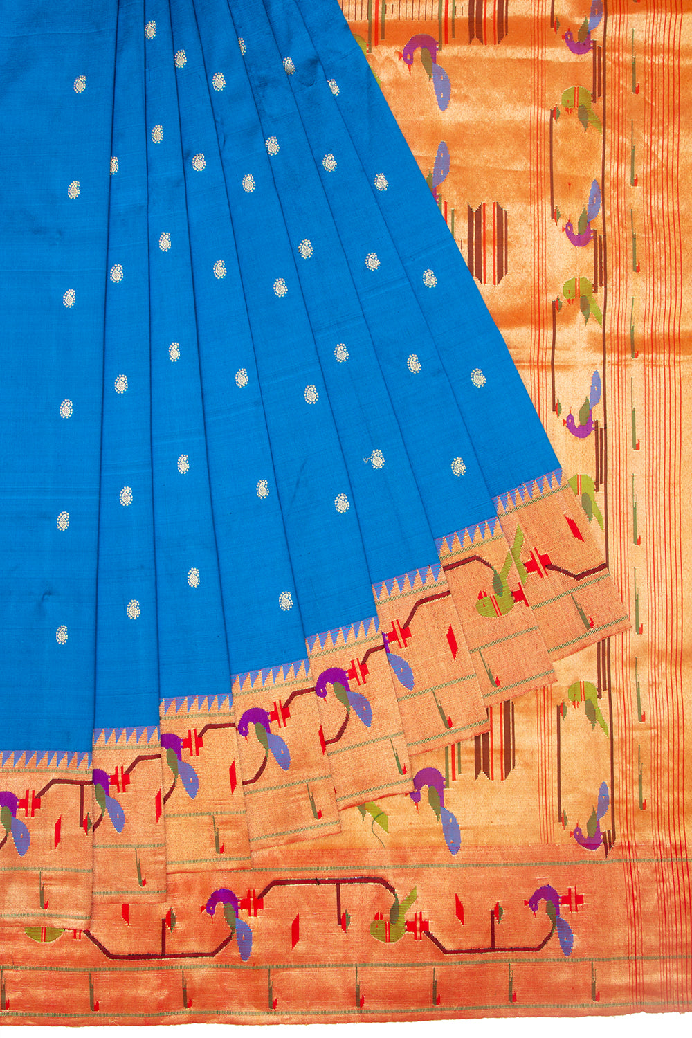 Paithani Silk Butta Royal Blue Saree With Akruthi Border