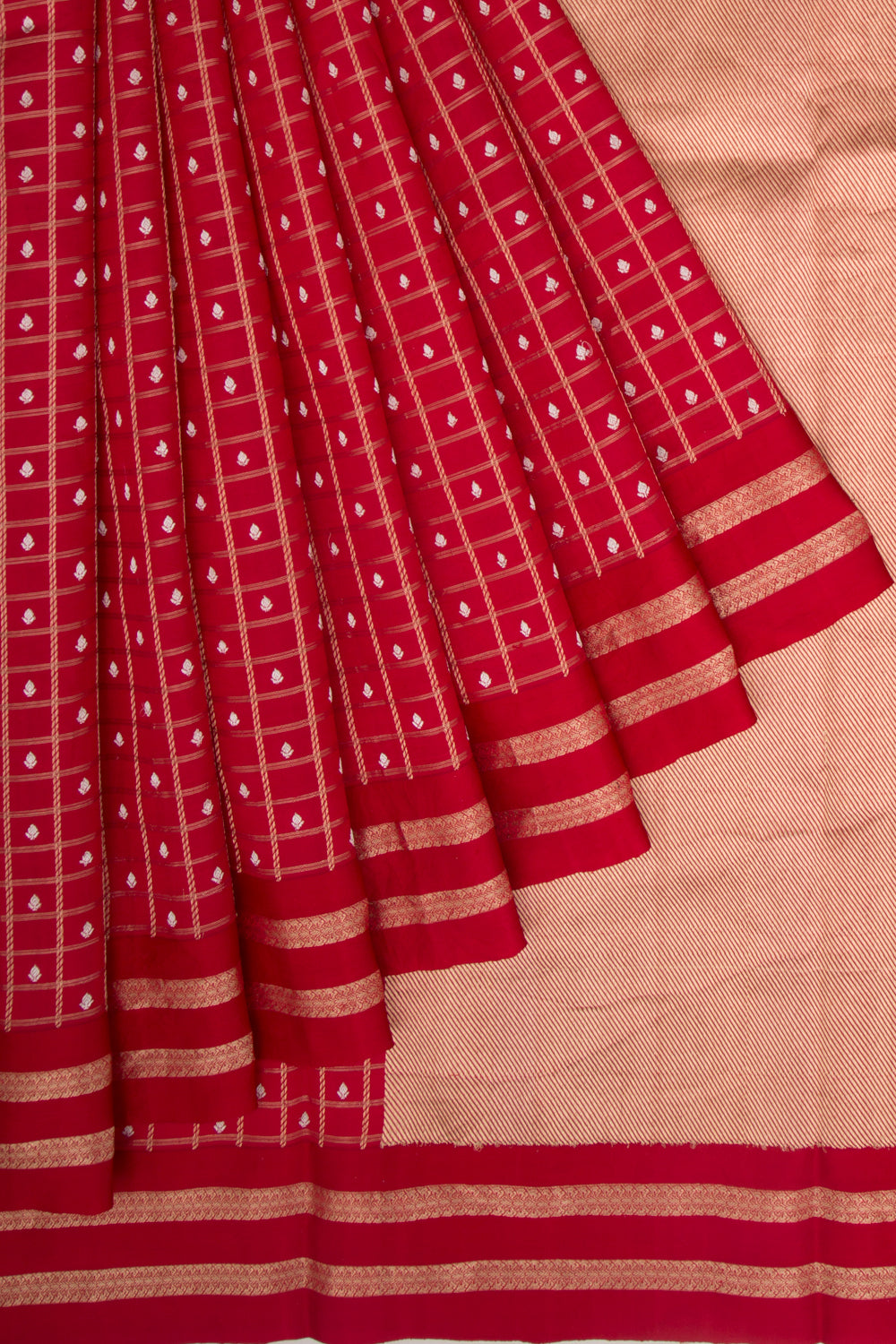 Banarasi Silk Checks And Butta Red Saree With Satin Border