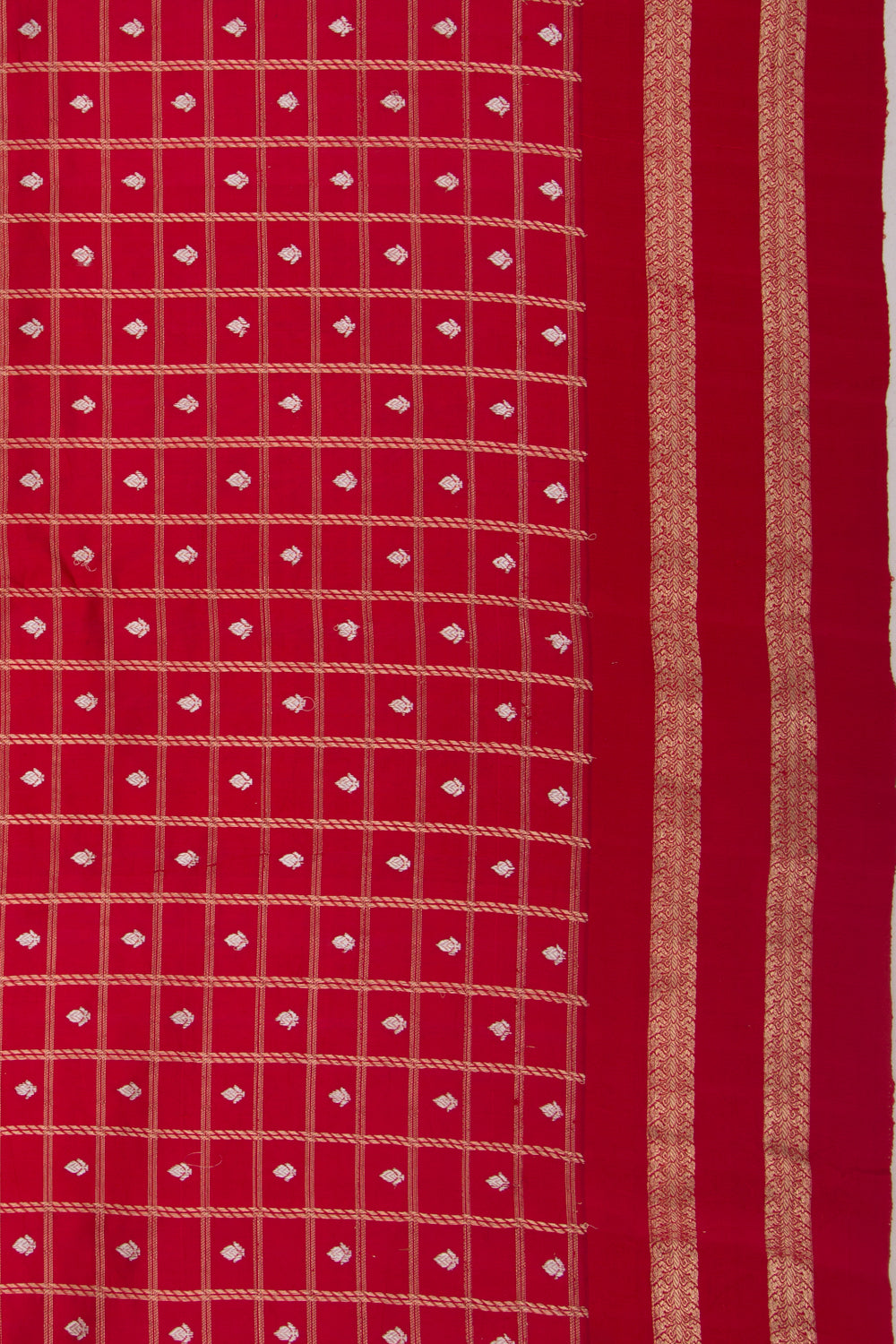 Banarasi Silk Checks And Butta Red Saree With Satin Border