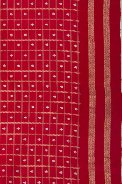 Banarasi Silk Checks And Butta Red Saree With Satin Border
