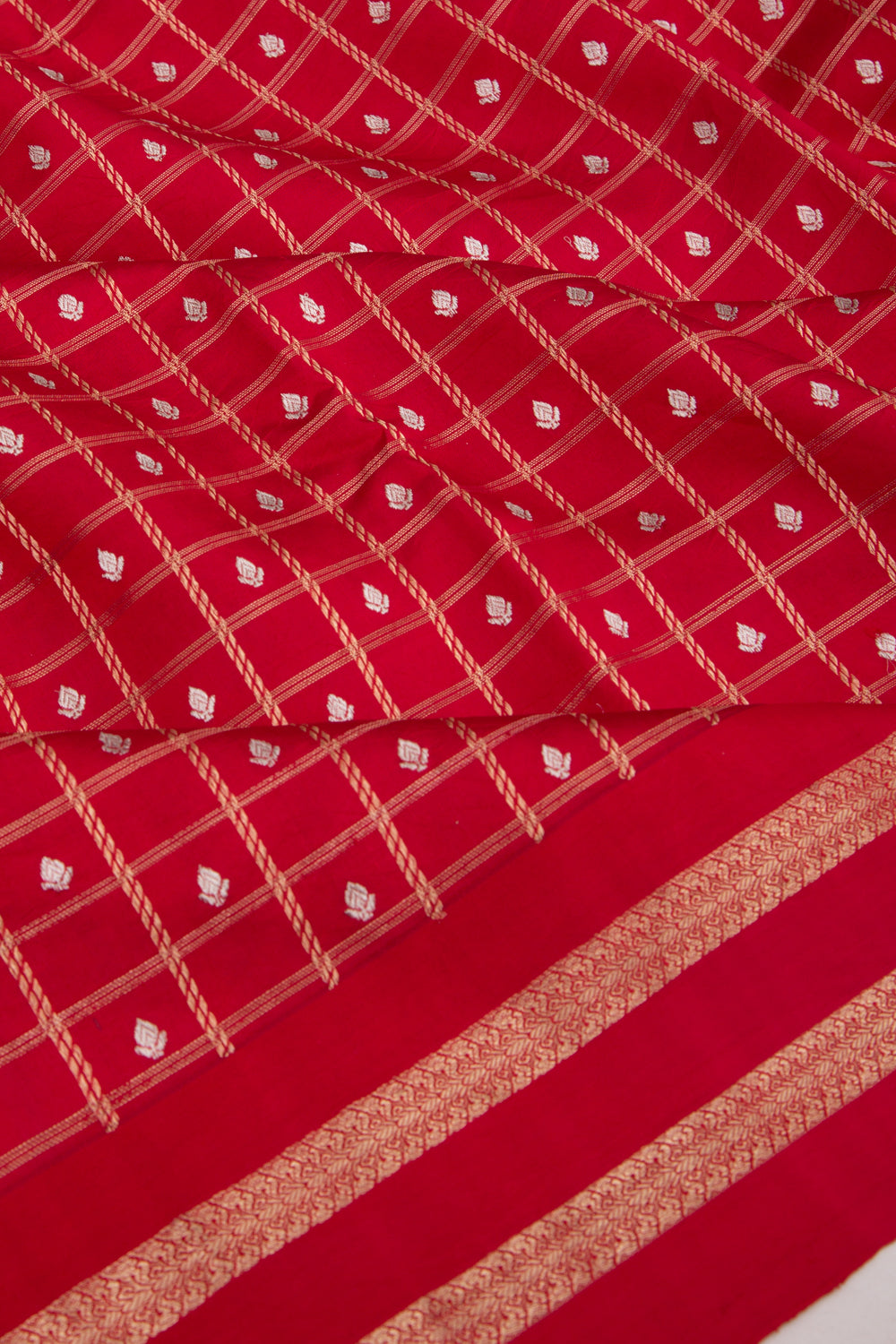 Banarasi Silk Checks And Butta Red Saree With Satin Border