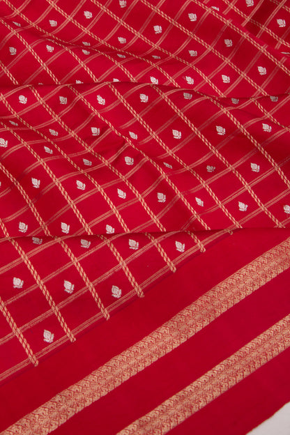 Banarasi Silk Checks And Butta Red Saree With Satin Border