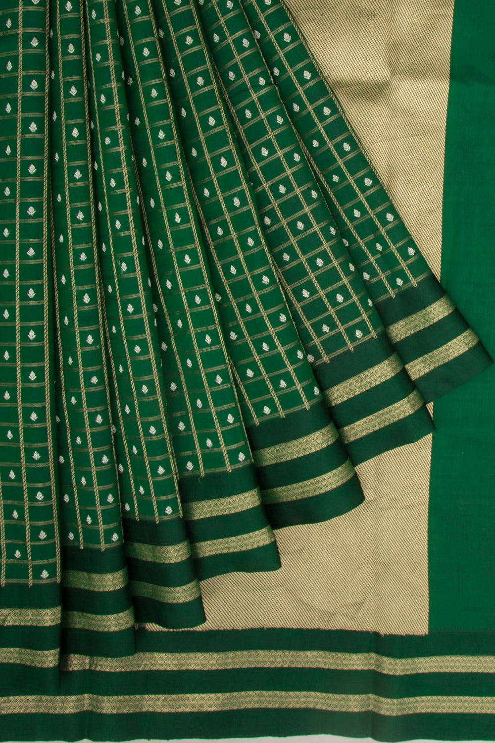 Banarasi Silk Checks And Butta Dark Green Saree With Satin Border