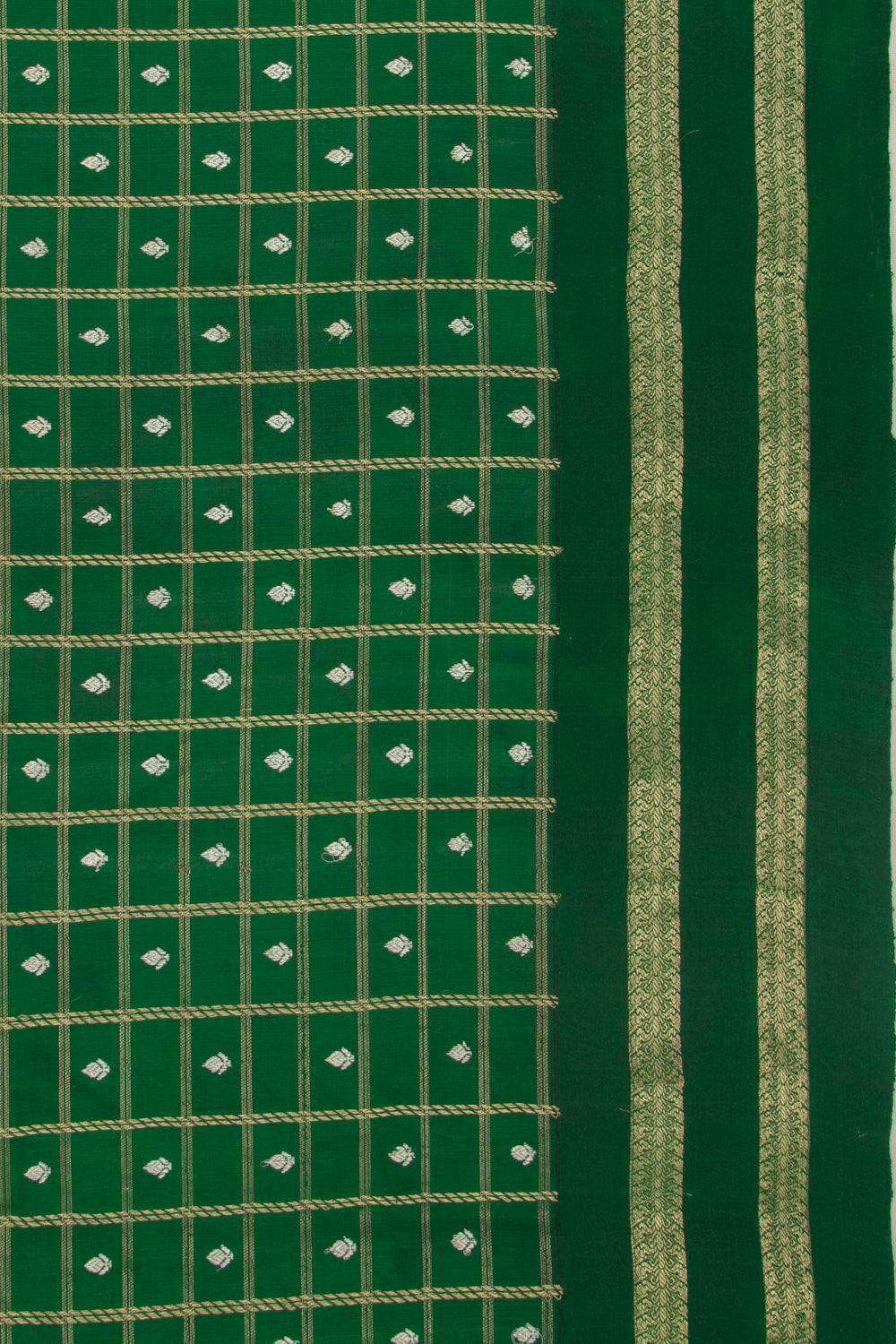 Banarasi Silk Checks And Butta Dark Green Saree With Satin Border