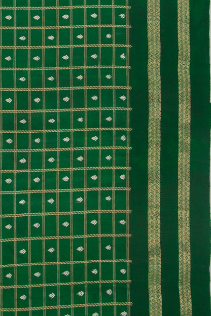Banarasi Silk Checks And Butta Dark Green Saree With Satin Border