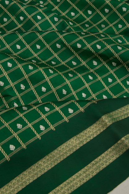 Banarasi Silk Checks And Butta Dark Green Saree With Satin Border