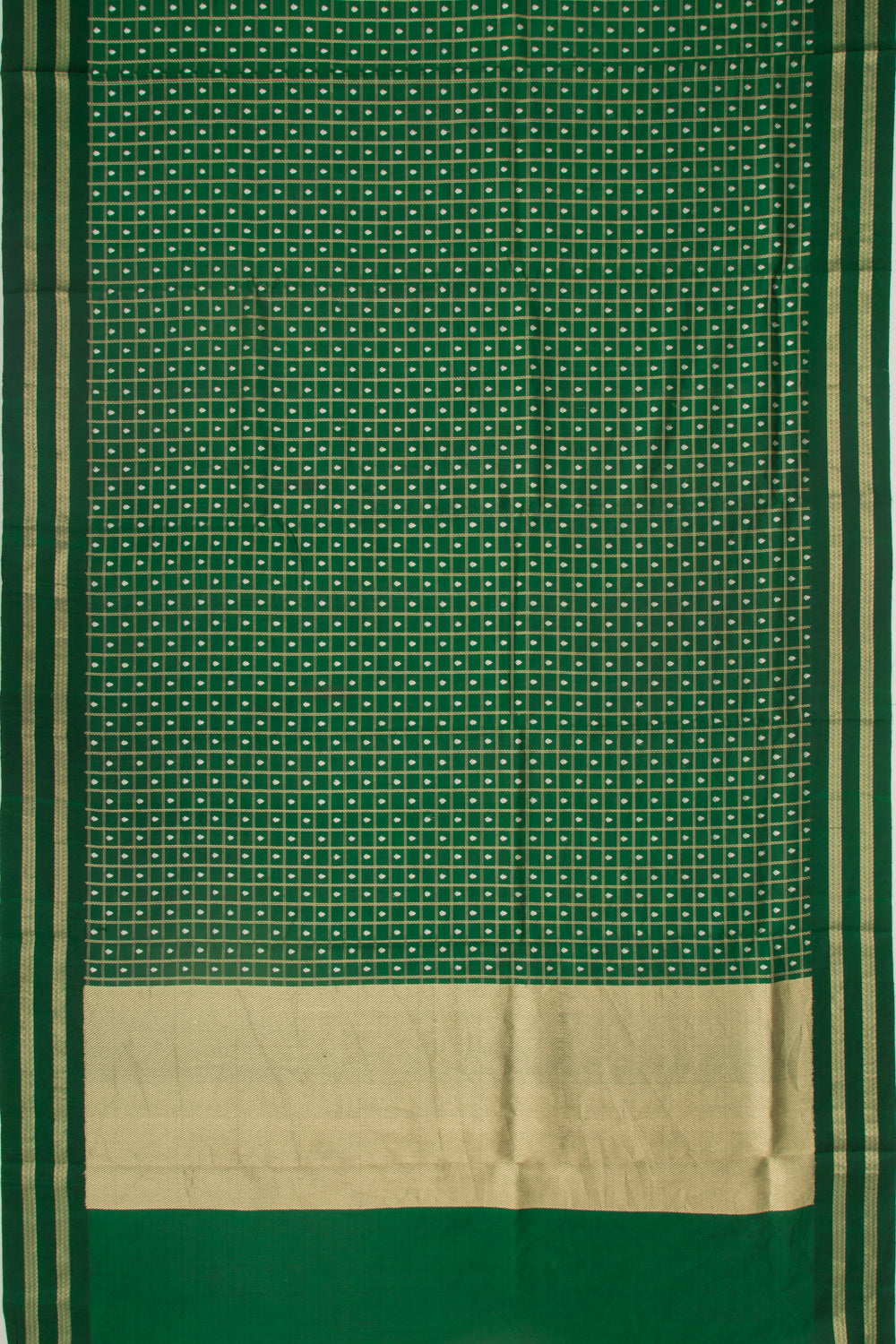 Banarasi Silk Checks And Butta Dark Green Saree With Satin Border
