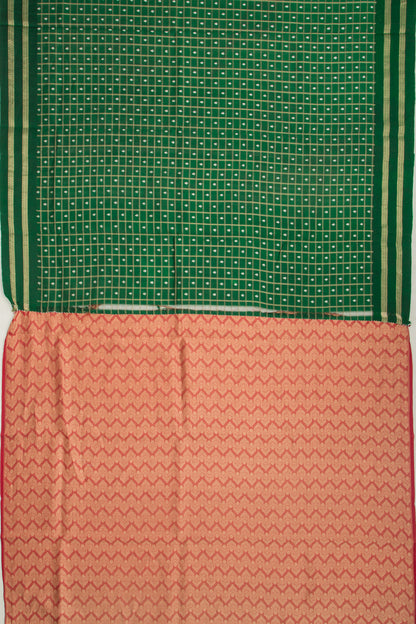 Banarasi Silk Checks And Butta Dark Green Saree With Satin Border