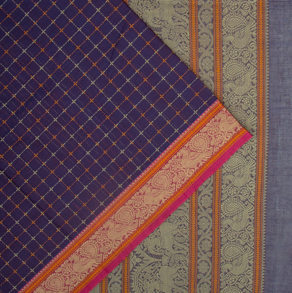 Kanchi Cotton Checks Dark Purple Saree