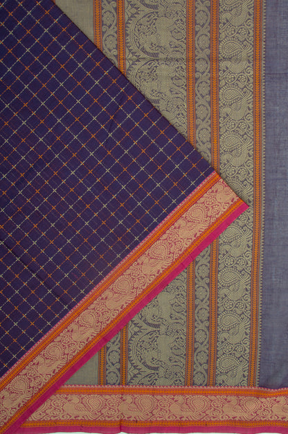 Kanchi Cotton Checks Dark Purple Saree