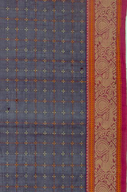 Kanchi Cotton Checks Dark Purple Saree
