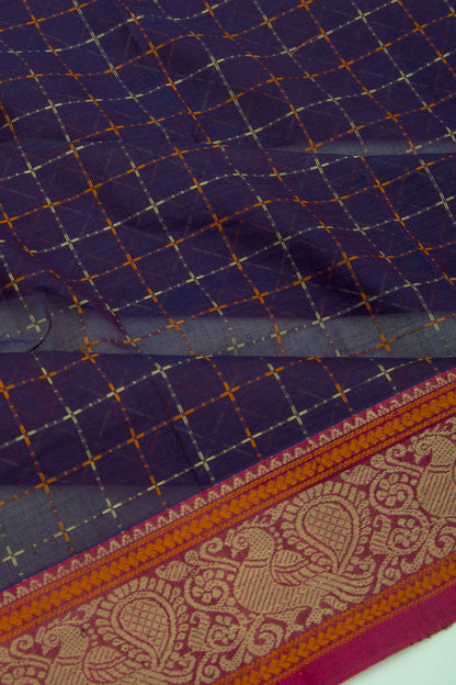 Kanchi Cotton Checks Dark Purple Saree