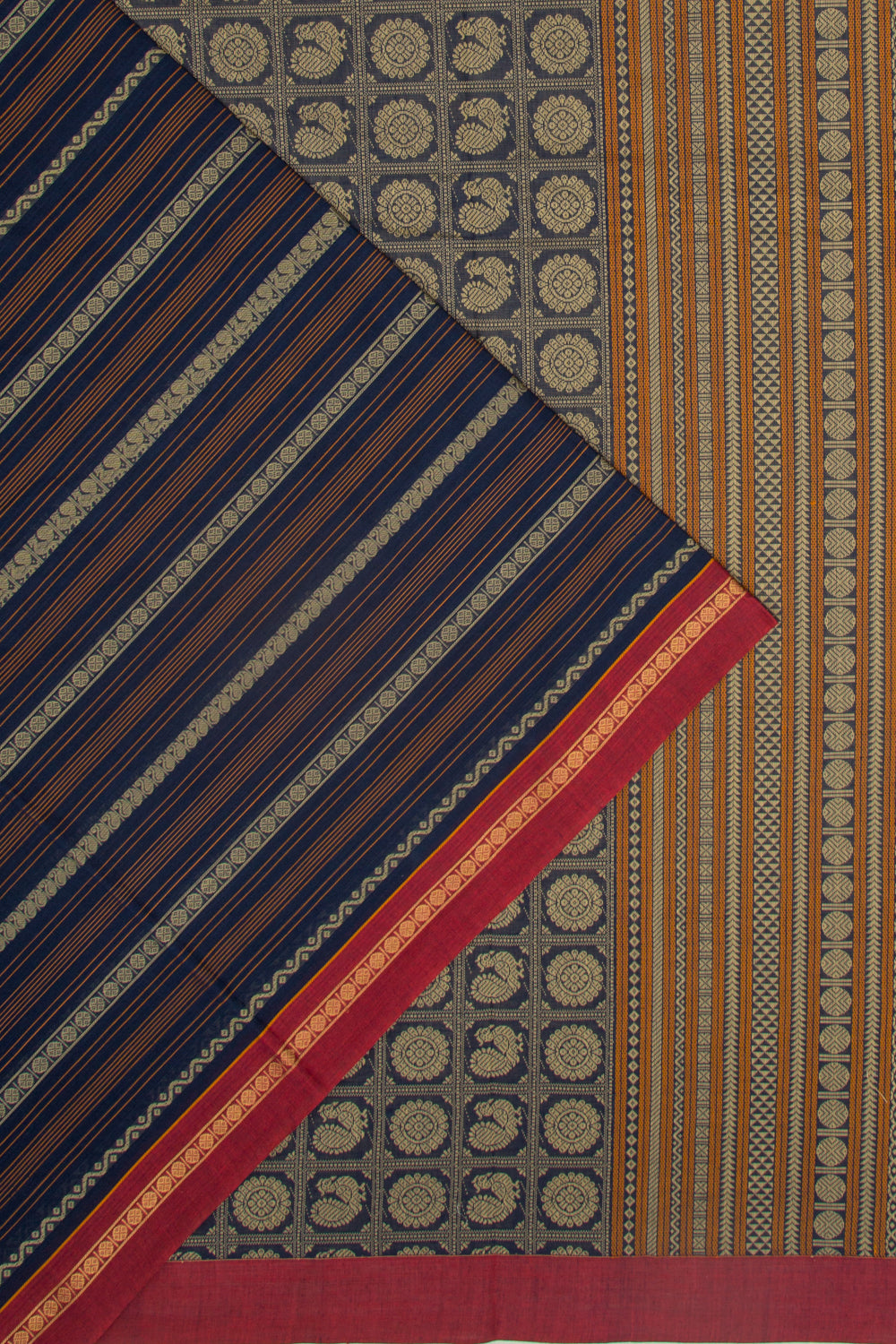 Kanchi Cotton Horizontal Lines Dark Blue Saree