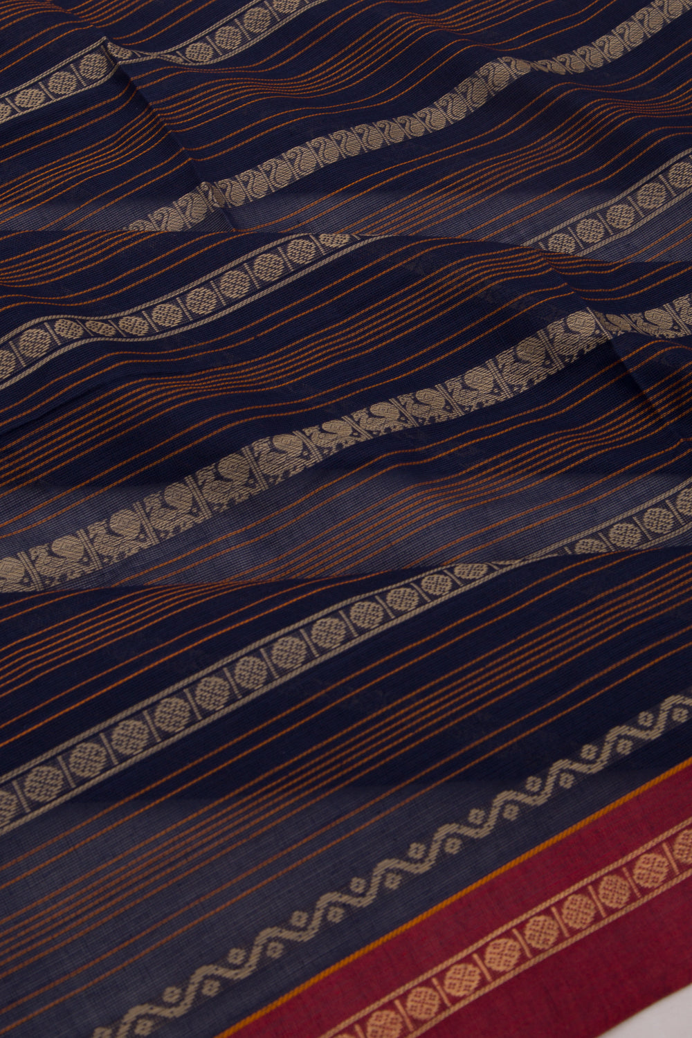 Kanchi Cotton Horizontal Lines Dark Blue Saree