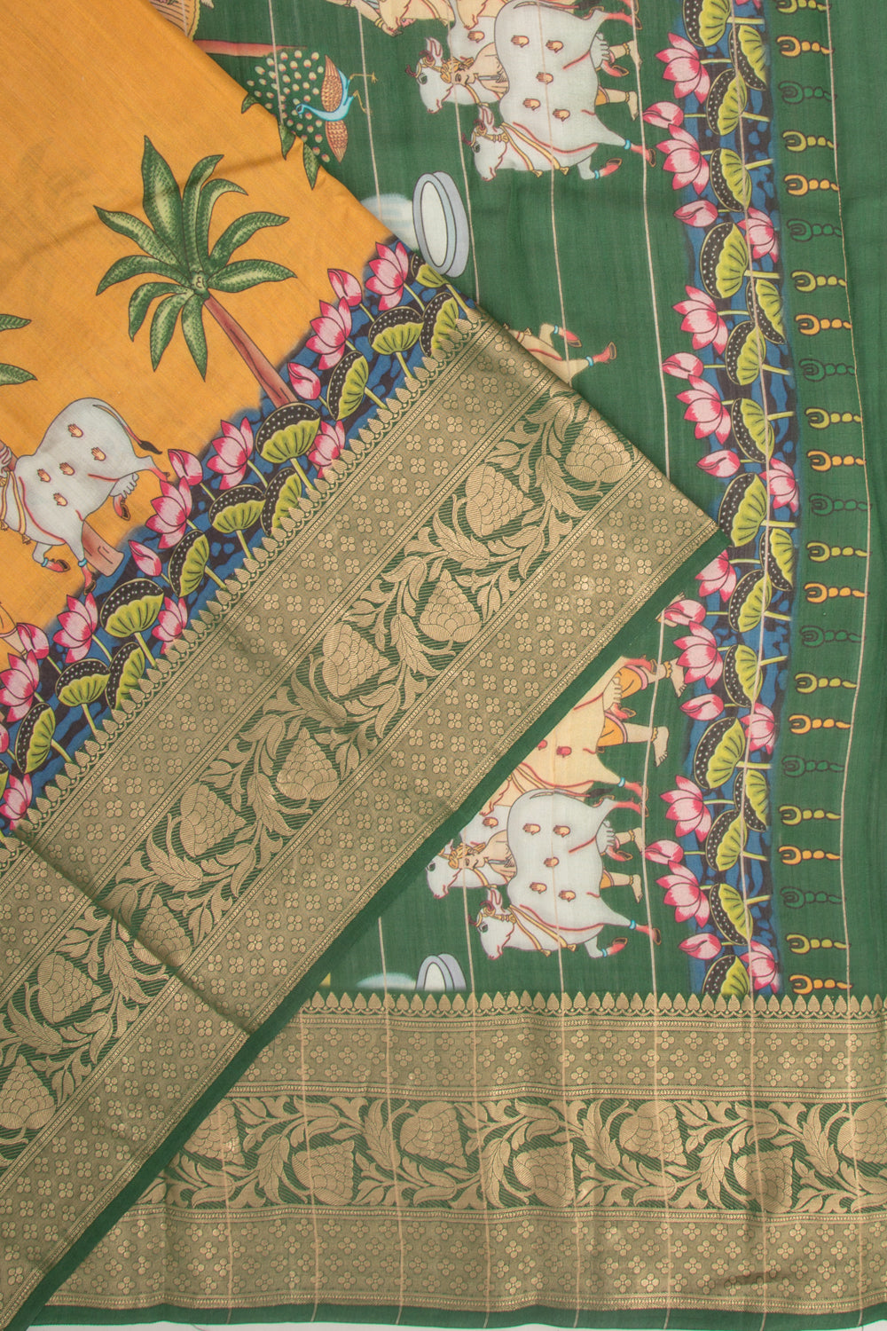 Chanderi Silk Pichwai Printed Yellow Saree